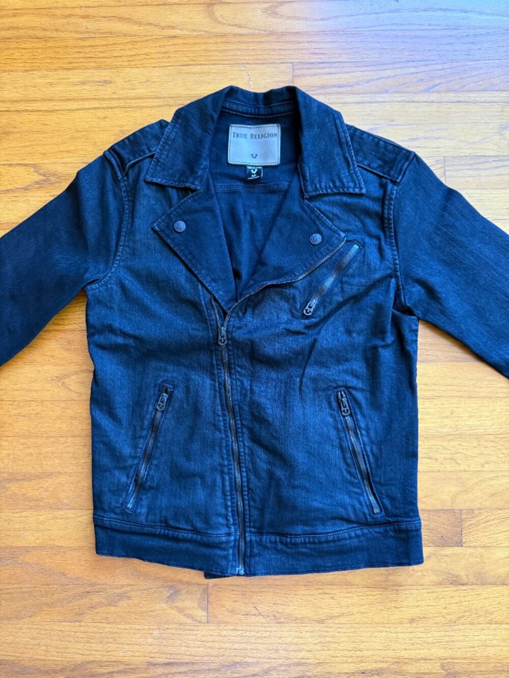 True Religion Men's Black Denim Moto Biker Jacket Asymmetrical Zip - Size Small